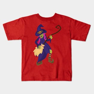 Halloween Witch using broom as guitar Kids T-Shirt